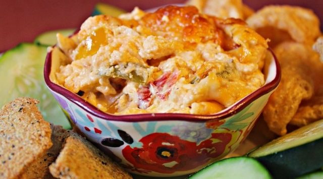 My Table of Three's simple low carb Buffalo Chicken Dip is creamy, spicy, and the perfect dip for crackers or veggies