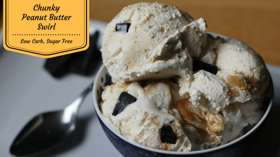 Chocolate Chunks and Peanut Butter Swirls in rich low carb and sugar free vanilla ice cream from My Tabe of Three. This ice cream is great for low carb diets, LCHF, Keto and Trim Healthy Mama eating plans and is diabetic friendly.