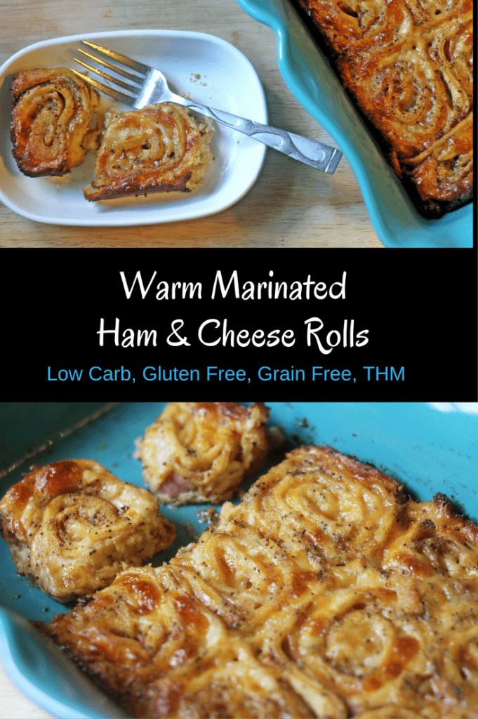Warm Marinated Ham and Cheese Rolls from My Table of Three are low carn, gluten and grain free. They are THM "S" and work great for Keto and LCHF diets.