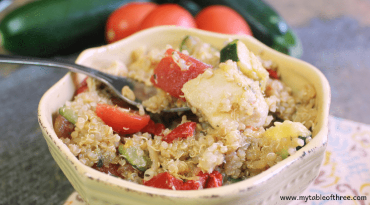 My Table of Three's Chicken and Veggie Quinoa is a tasty and healthy Trim Healthy Mama "E" meal that is low fat.