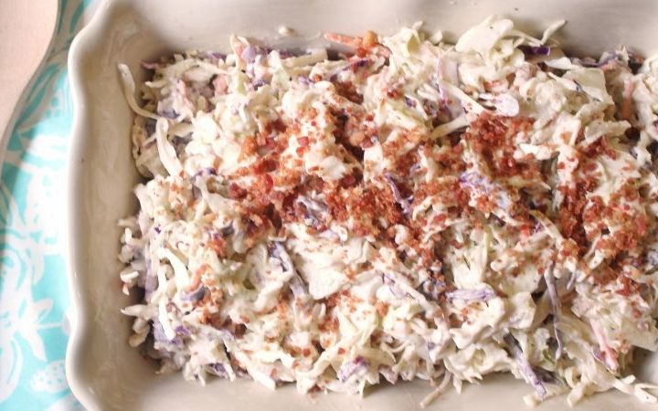 A low carb and sugar free coleslaw with a delicious bacon and ranch flavor profile.
