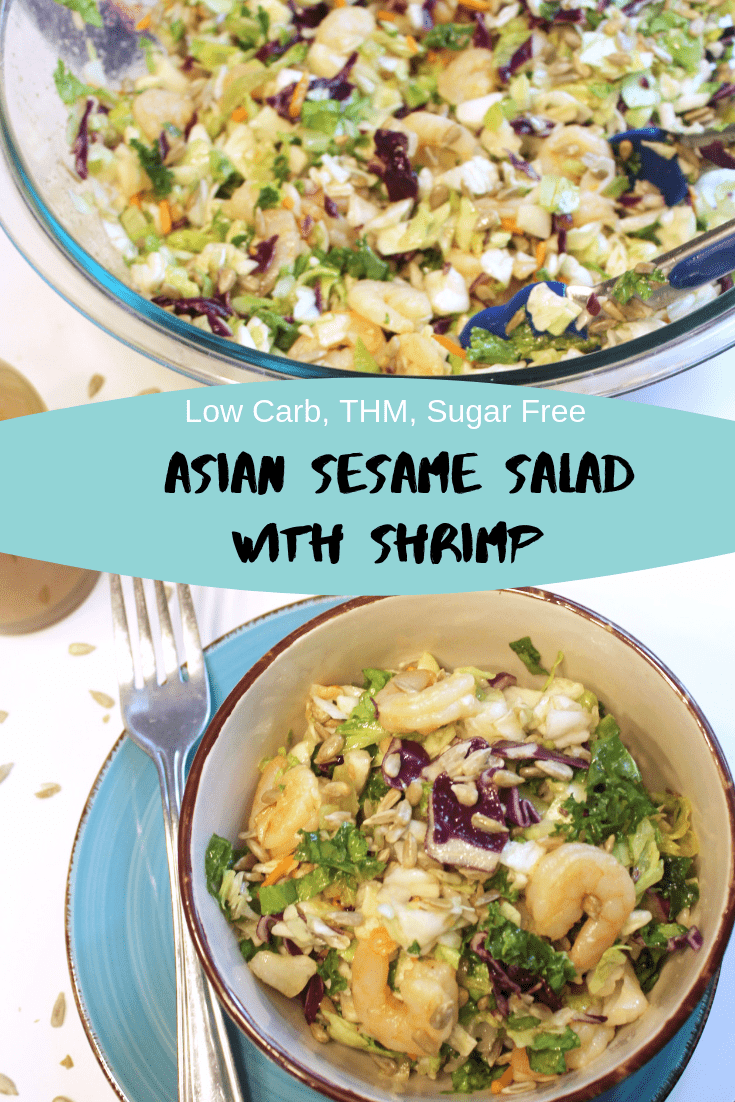 This Asian inspired salad is full of crunch veggies, sunflower seeds, and plump and juicy shrimp then tossed with a sugar free low carb Seasame Dressing. #salad #THM #lowcarb #dinner #shrimp #sugarfreedressing