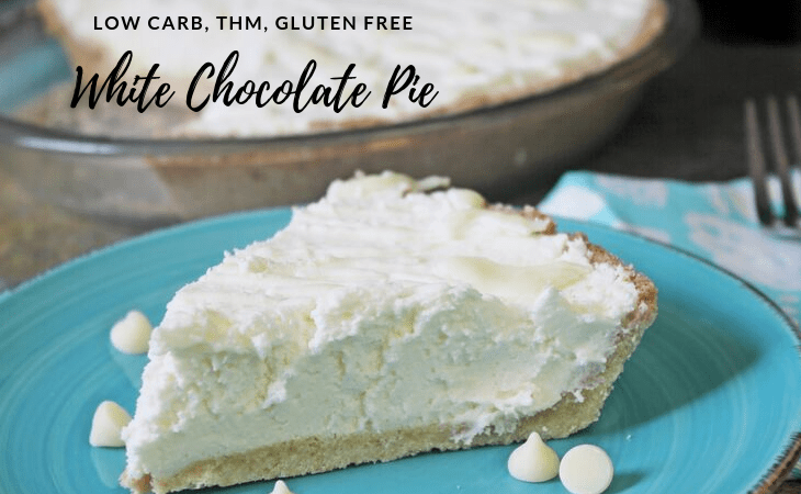 A low carb White Chocolate Pie with a fluffy rich filling in a buttery low carb crust.