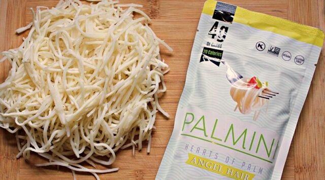 A package of Palmini Brand Noodles and noodles on a cutting board. 