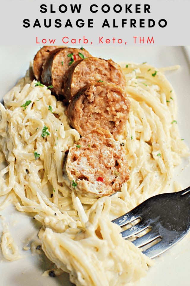 Low Carb Slow Cooker Sausage Alfredo is combination of juicy Italian Sausage links, low carb and gluten free pasta and a simple alfredo sauce. 
