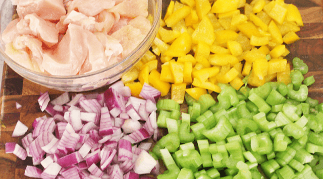 Chopped veggies and chicken breast ready for the soup.