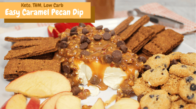 The title picture of the recipe with cream cheese block topped with caramel, pecans, and chocolate chips.