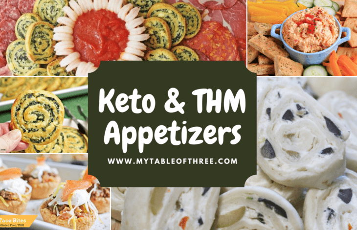 A collage of keto appetizers like pinwheels and dips.