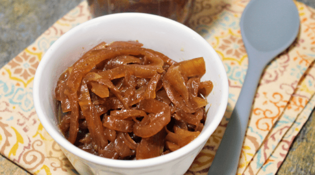 A top down photo of a bowl of home canned caramelized onions