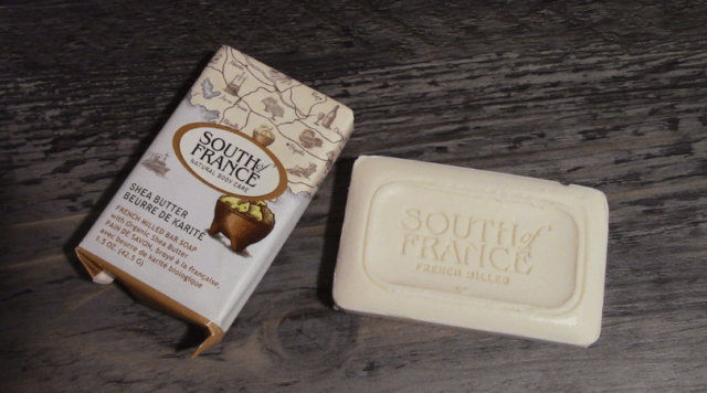 A small bar of South of France Soap and the packaging. 