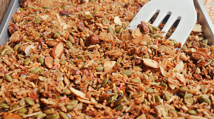 A baking sheet full or homemade granola
