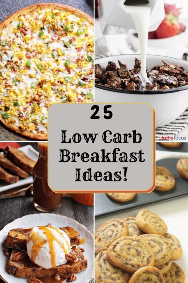A collage of four low carb breakfast recipes: pizza, french toast, pinwheels and cereal.