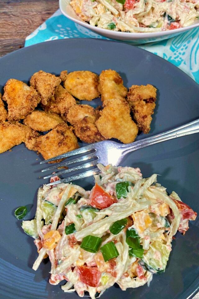 Plated Pasta Salad with Low Carb Chicken Nuggets