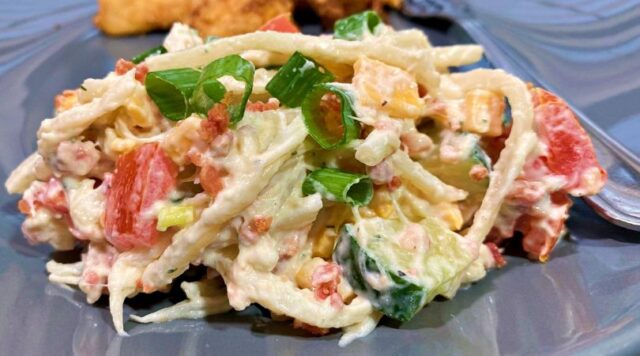 A serving of the low carb creamy pasta salad on a plate.