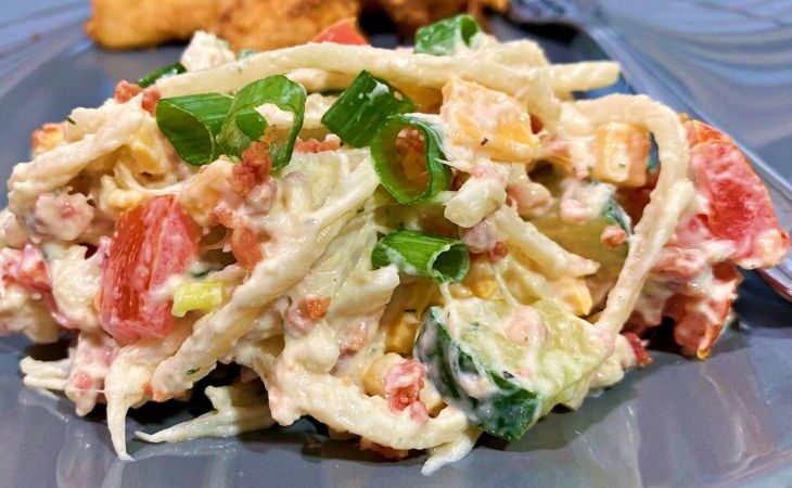 A serving of the low carb creamy pasta salad on a plate.