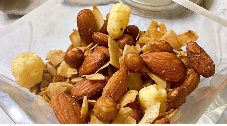 Close up pictures of a savory nut and cheese snack mix