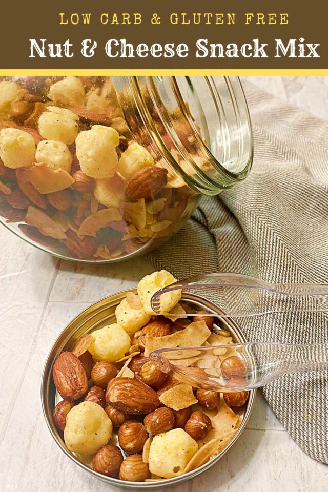 Nut & Cheese Snack Mix displayed in a small glass far and lid