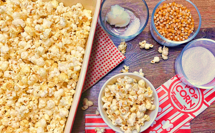A top down view of the Kettle Corn and the ingredients from the recipe.