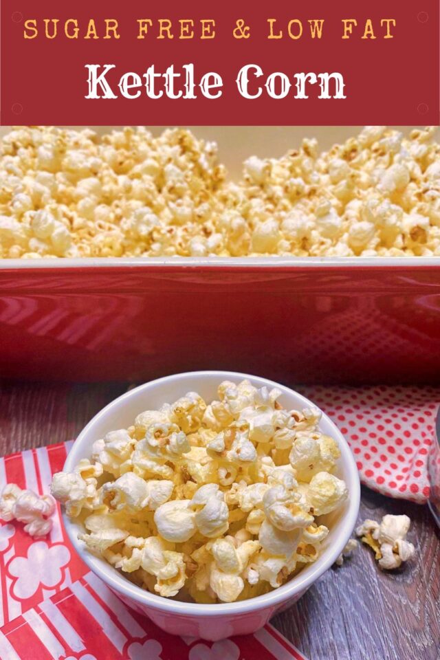 A little white bowl of sugar free and low fat Kettle Corn. Pinterest Pin
