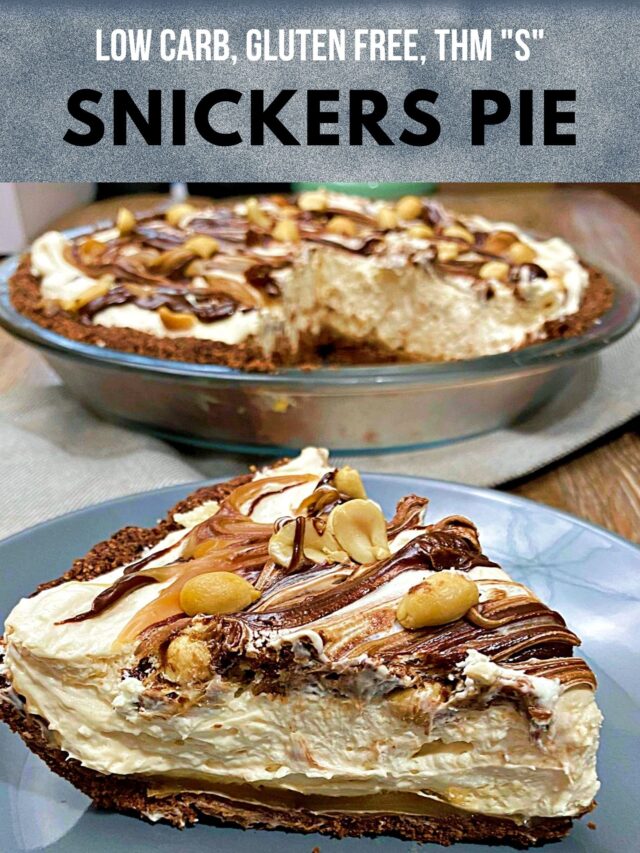 A close up shot of the slice of Snickers Pie with the whole pie to the back of the plate. A great pin for Pinterest.