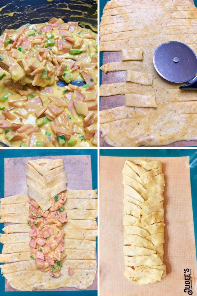 A collage of four step pictures of filling the ham brain=d and folding the dough.