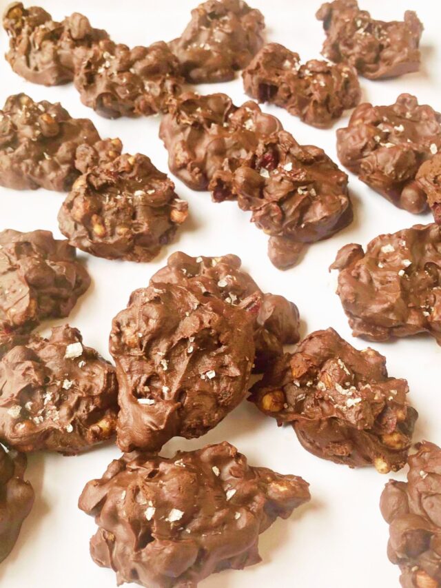 Sugar Free Chocolate Nut Clusters displayed on parpment paper.