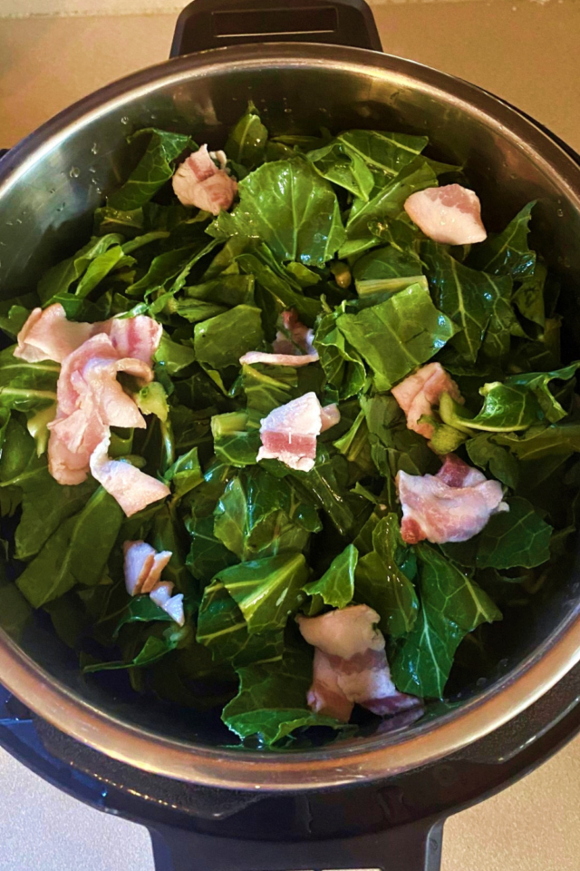Collard Greens in the Instant Pot with pieces of bacon laying on top for flavoring. 