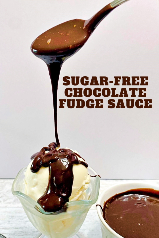 A pinterest photo of a spoon full of sugar free chocolate fudge sauce drizzling down onto vanilla ice cream.