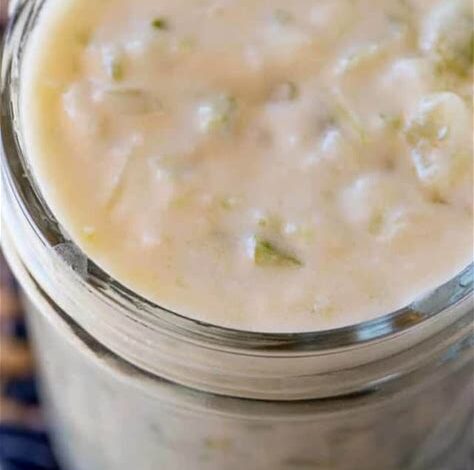 Cream of celery soup in a mason jar.